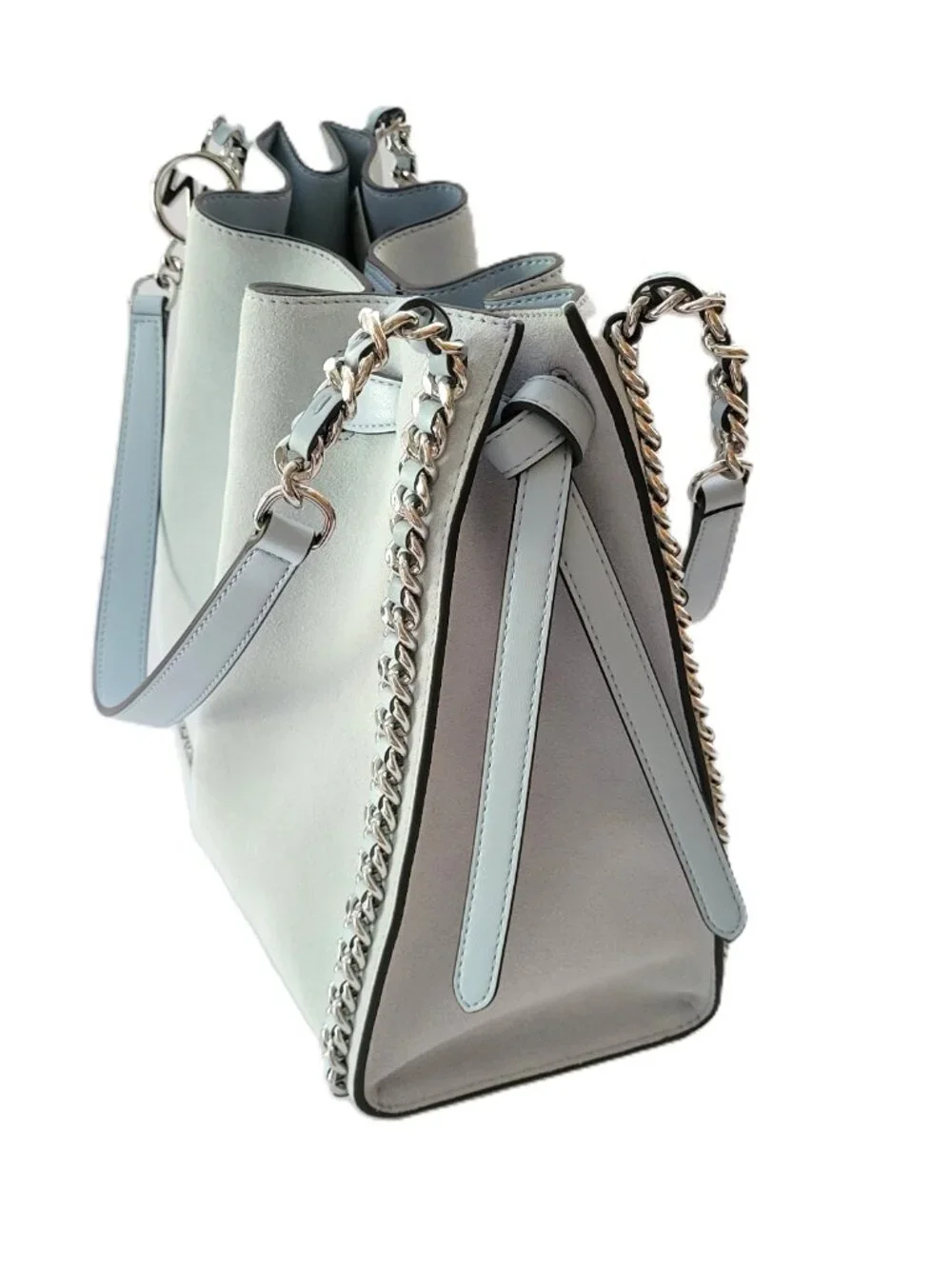 Michael Kors Mina Large Belted Chain Inlay Shoulder Bag Tote Pale Ocean Suede